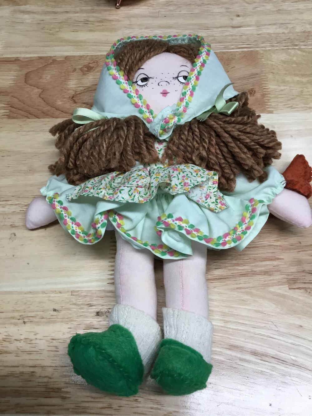 Vintage Cute Handmade Fabric Brown Yarn Braids & Floral Dress Girl Doll